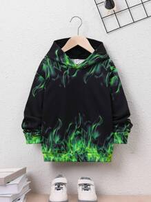 SHEIN Tween Boy Loose Fit College Flame Printed Hooded Knitted Sweatshirt