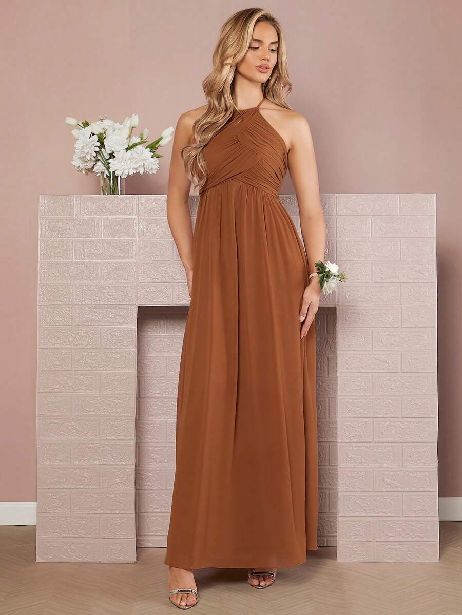 SHEIN Belle Solid Halter Neck Backless Dress - Burnt Orange - View 1