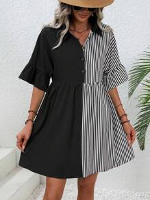 SHEIN Unity Striped Print Flare Sleeve Shirt Dress