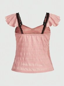 ROMWE Kawaii Top con encaje en contraste con diseño de nudo ribete con fruncido - Rosa - Ver 2