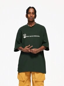 INFLATION Men Slogan Graphic Drop Shoulder Tee - Dark Green - View 3
