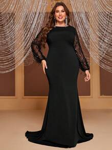 YISIKADO Plus Tương phản lưới đèn lồng tay áo đầm dự tiệc nàng tiên cá - màu đen - Xem 1