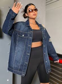 SHEIN ICON Talla grande Cazadora mezclilla desgarro con bolsillo con solapa - Azul lavado oscuro - Ver 3