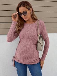 SHEIN Áo thun Bà bầu Xù Gân đan Dây kéo màu trơn Giải trí - Bụi hồng - Xem 1