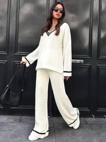 SHEIN Cottnline Striped Trim Drop Shoulder Sweater & Knit Pants - White - View 6