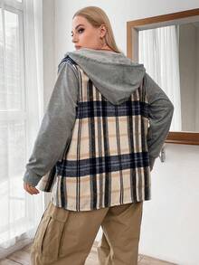 Flirla Plus Plaid Print Drawstring Hooded Coat - Multicolor - View 2
