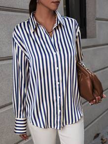 SHEIN Clasi Striped Print Drop Shoulder Shirt - Blue and White - View 6