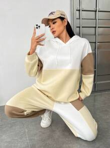 SHEIN EZwear Hơn Khối màu Thả vai Dây rút Áo Hoodie & Quần thể thao - Nhiều màu - Xem 3