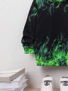 SHEIN Tween Boy Loose Fit College Flame Printed Hooded Knitted Sweatshirt