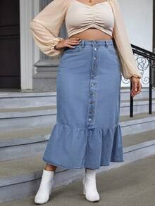 SHEIN Privé 大碼紐扣門襟荷葉邊牛仔半身裙 - 藍色 - 查看 4