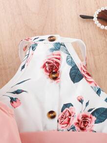 Baby Girl Solid Vest Jacket & Floral Print Belted Jumpsuit