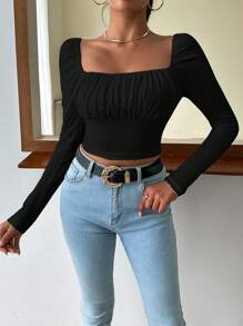 SHEIN Privé Square Neck Ruched Bust Crop White Tee - Black - View 4