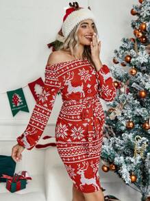 SHEIN Maternity Christmas Print Belted Bodycon Dress - Red - View 4