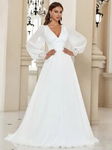 SHEIN Belle Mesh Insert Lantern Sleeve Floor Length Wedding Dress White Elegant Long Sleeve Bridal Dress - White - View 1