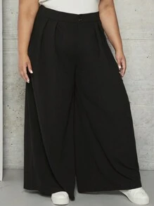 SHEIN CURVE+ 大碼素色闊腿褲 - 黑色 - 查看 1