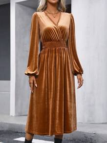 SHEIN Clasi Rochie din catifea cu mânecă lanternă de gat - Maro - Vizualizare 3