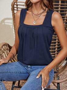 Chiquease Solid Plicated Detail Tank Top - Blue - View 4