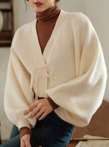 DAZY Áo khoác cardigan tay loe thắt nút phía trước, quần áo mùa thu - Màu be - Xem 1