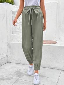 SHEIN Frenchy Paperbag Waist Belted Pants - Green - View 4