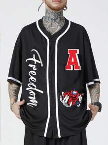 Manfinity EMRG 男士字母圖案拼接滾邊襯衫不帶T恤 - 黑色 - 查看 1