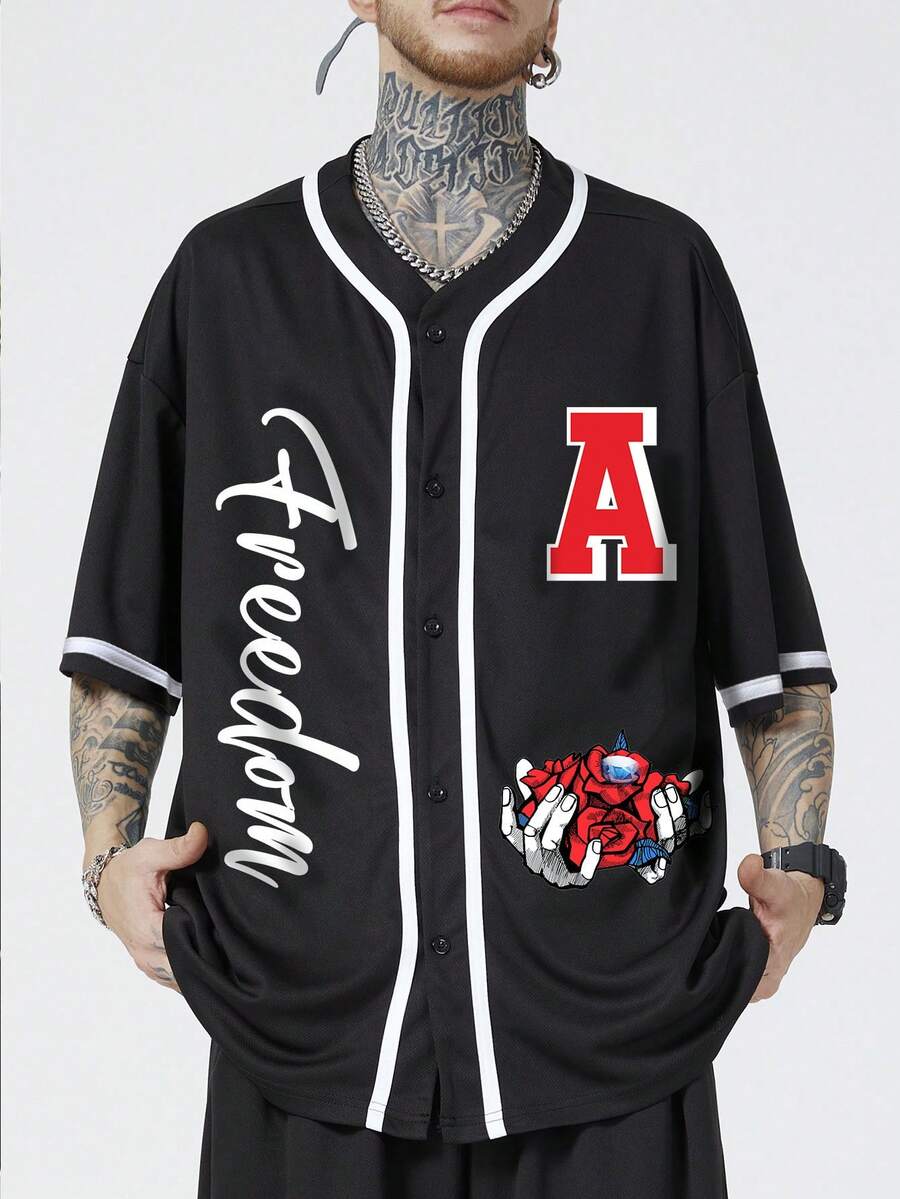 Manfinity EMRG 男士字母圖案拼接滾邊襯衫不帶T恤 - 黑色 - 查看 1