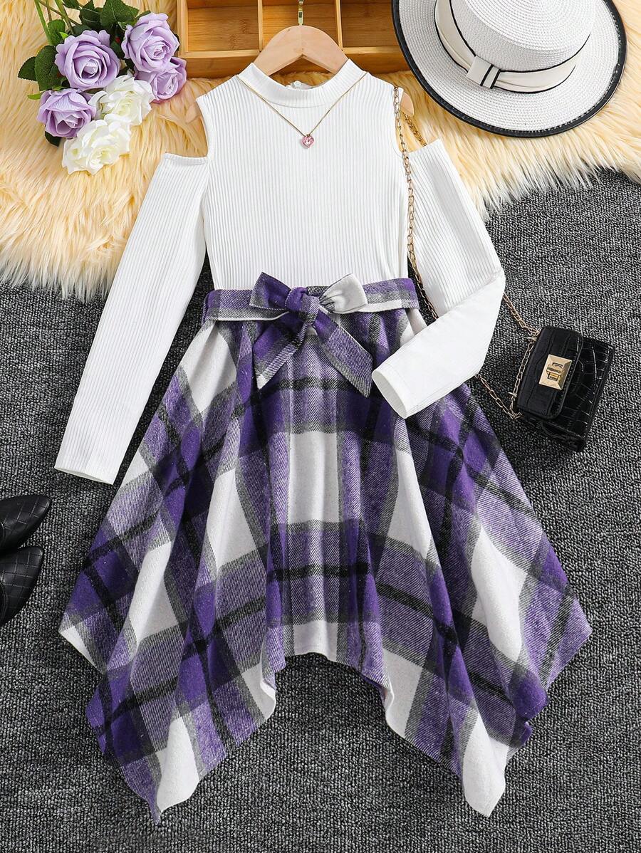 SHEIN Cô gái Tween In kẻ sọc Vai lạnh Viền khăn tay Váy có thắt lưng - màu đen - Xem 1
