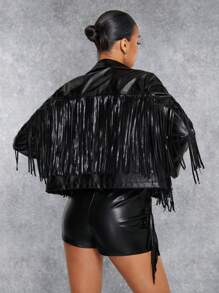 SHEIN BAE Viền rìa chất liệu da PU Áo khoác - màu đen - Xem 7