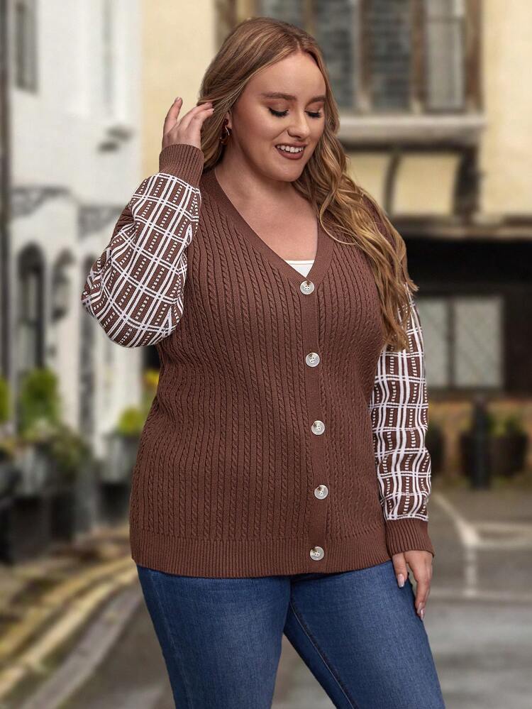 Plus Plaid Pattern Drop Shoulder Cardigan