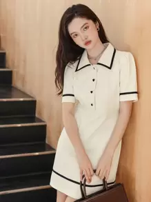 DAZY Contrast Binding Puff Sleeve Shirt Dress - White - View 6