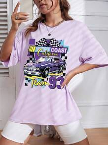 INAWLY Car And Letter Graphic Drop Shoulder Tee Graphic Tees Women Tops - Purple - View 3