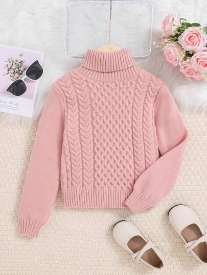SHEIN Tween Girl Cable Knit Turtleneck Sweater,In Fall/Winter