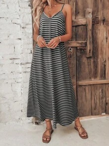 SHEIN LUNE In sọc Váy Dây - Màu xám đen - Xem 5