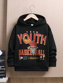 SHEIN Tween Boy Basketball & Letter Graphic Thermal Sweatshirt - Black - View 4
