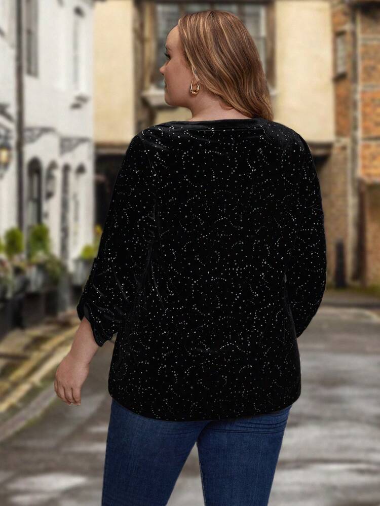 Plus Notched Neck Roll Tab Sleeve Velvet Blouse