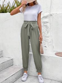 SHEIN Frenchy Paperbag Waist Belted Pants - Green - View 6