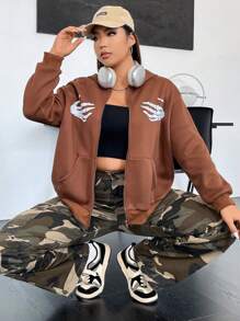 Flirla 大碼骷髅圖案落肩袖拉鏈連帽衫 - 棕色 - 查看 6