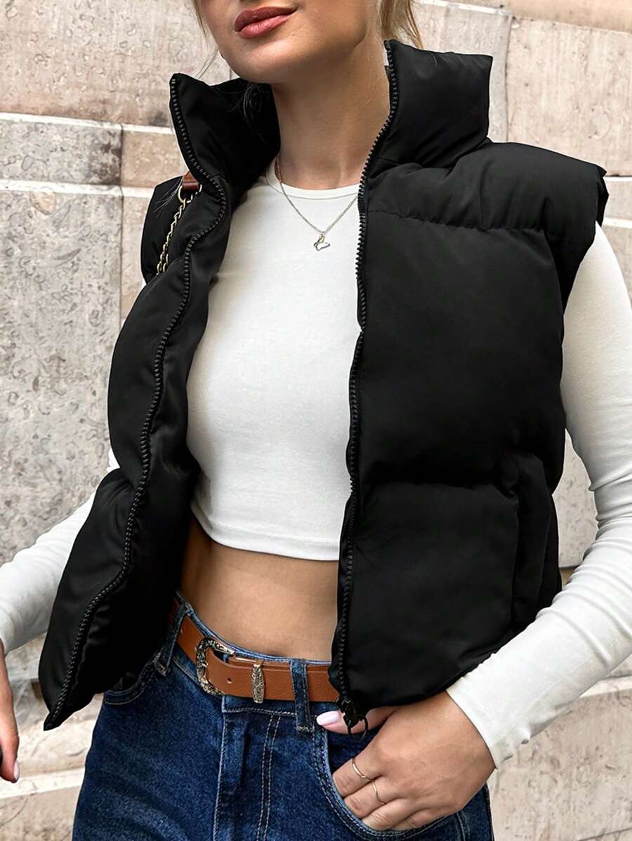EURMUSE Zip Up Sleeveless Puffer Vest Coat - Black - View 1