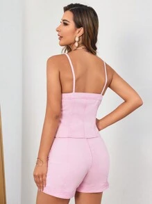 SHEIN BAE Zip Up Cami Denim Top - Pink - View 2