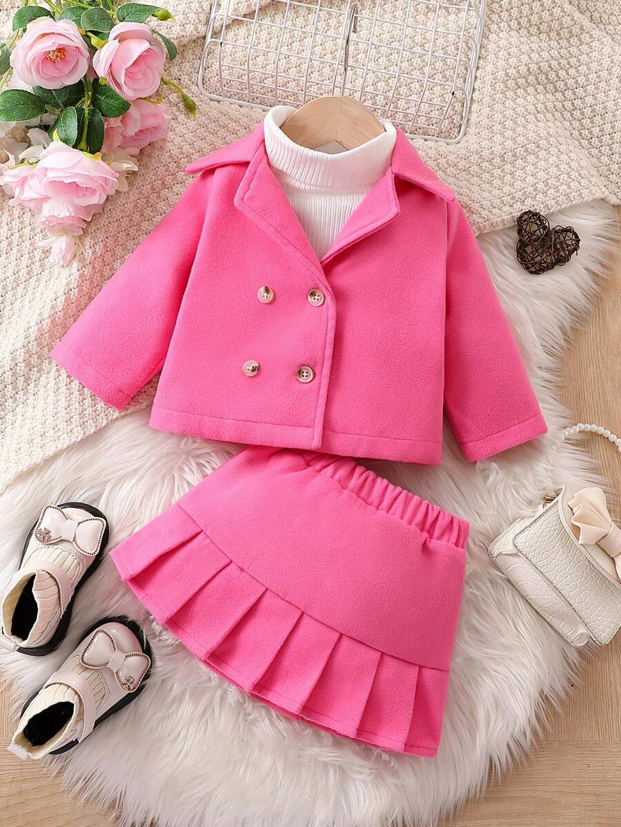 Baby Girl Double Breasted Jacket & Pleated Skirt Without Sweater - Pink - View 1