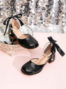 少女珍珠裝飾腳踝帶鑲空高跟鞋 - 白色 - 查看 1