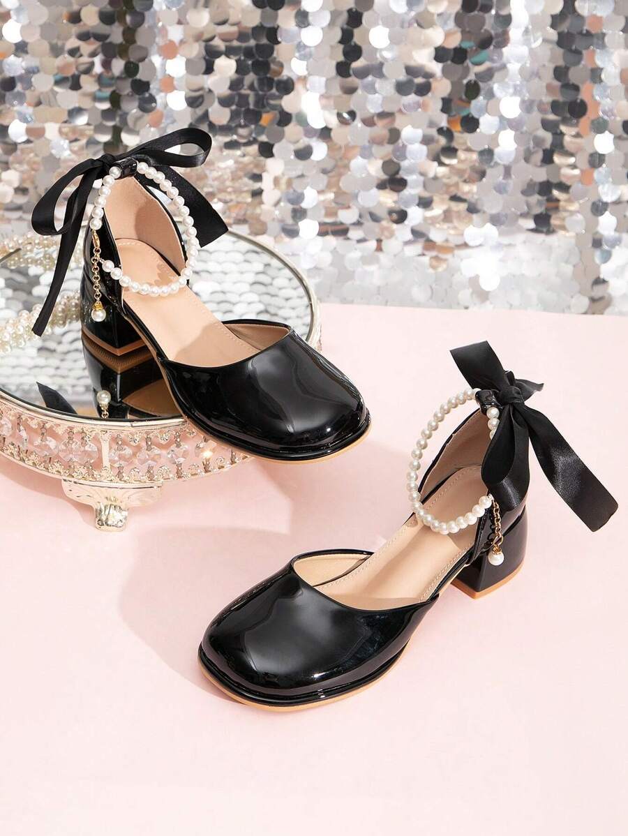 少女珍珠裝飾腳踝帶鑲空高跟鞋 - 白色 - 查看 1