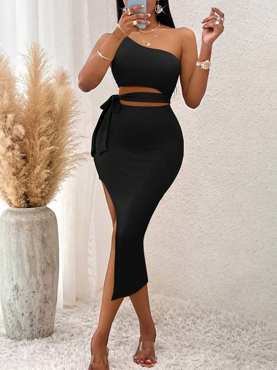 Women Dresses Memotong Simpul Split Thigh Plain Anggun - Hitam - View 1