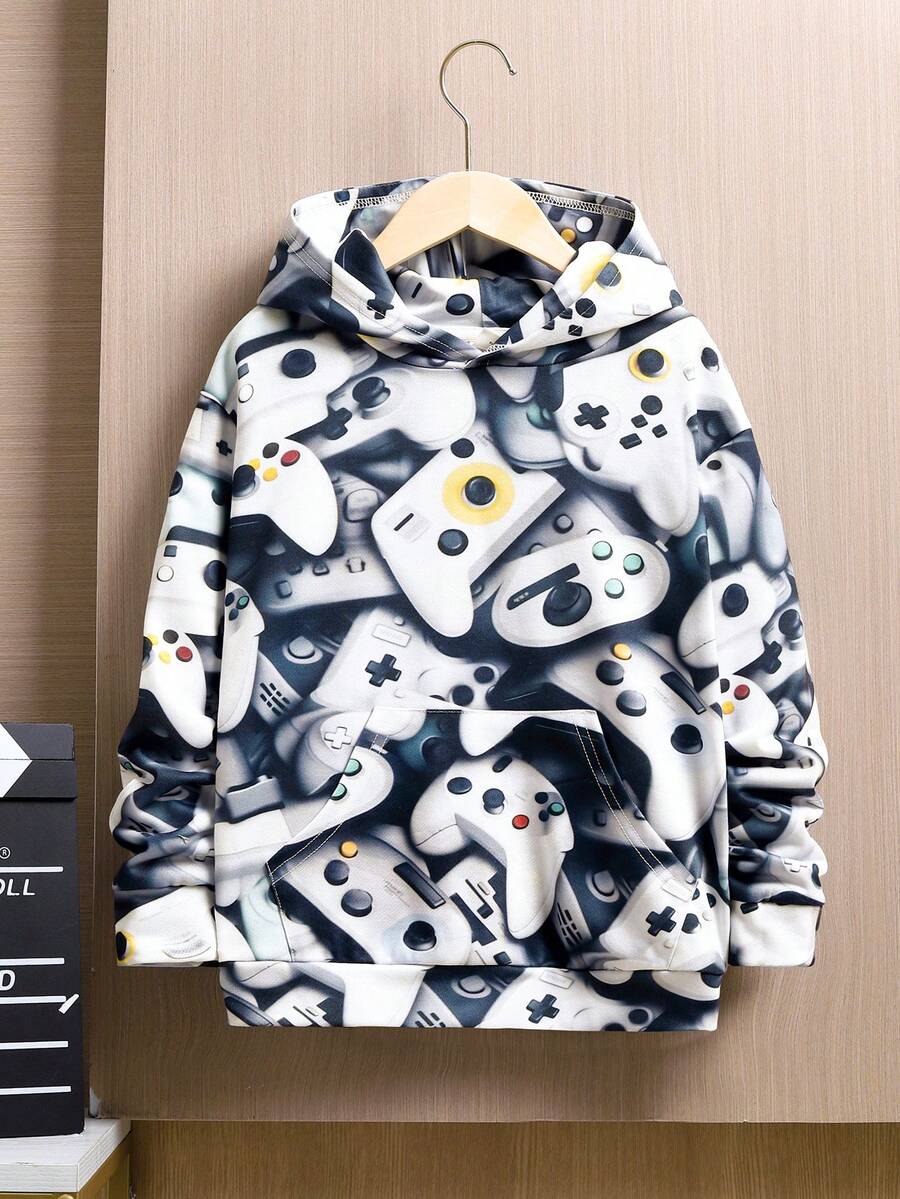 SHEIN 男大童遊戲手柄圖案連帽衛衣 - 彩色 - 查看 1