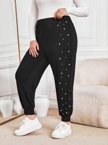 SHEIN Essnce Plus Pearls Beaded Sweatpants - Black - View 7