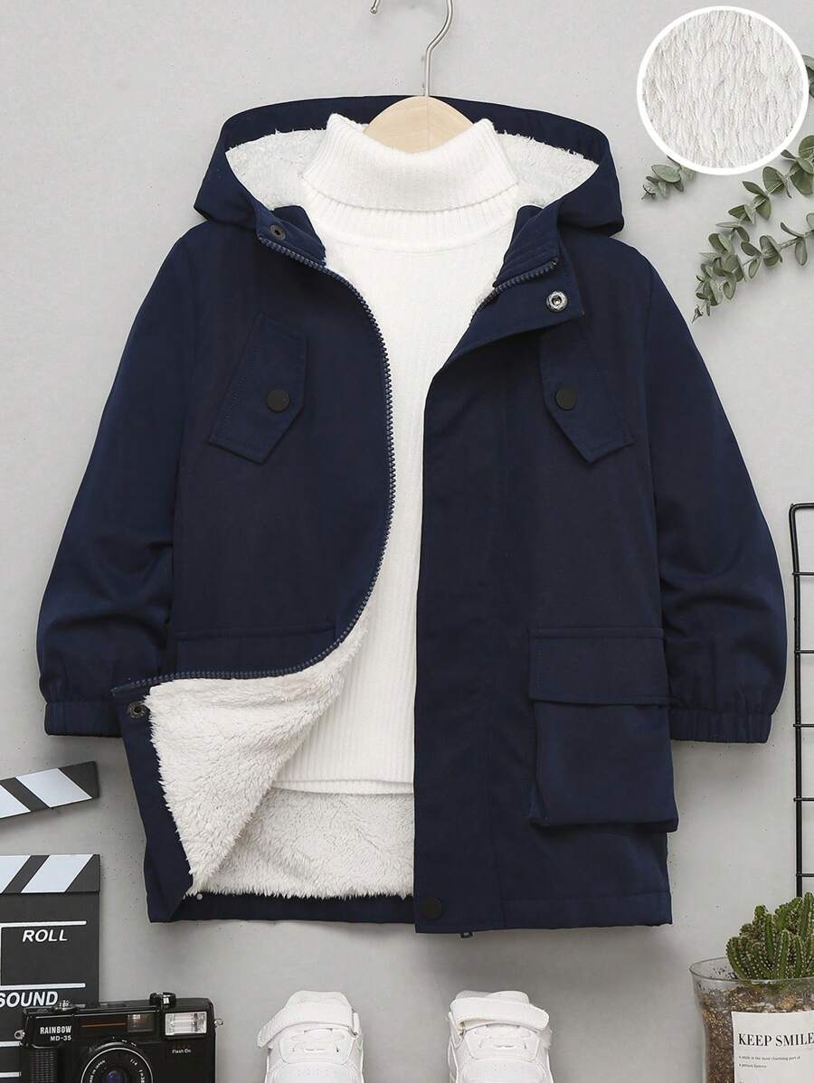 SHEIN Young Boy Flap Pocket Teddy Lined Hooded Coat - Navy Blue - View 1