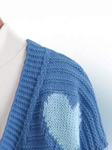 SHEIN Tween Girl 1pc Heart Pattern Drop Shoulder Duster Cardigan - Blue and White - View 3