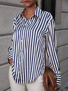 SHEIN Clasi Striped Print Drop Shoulder Shirt - Blue and White - View 5