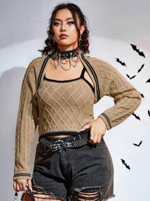 Flirla 大碼萬聖節條紋圖案針織吊帶上衣&短上衣 - 卡其色 - 查看 5