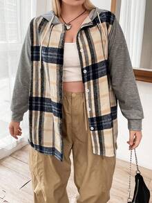 Flirla Plus Plaid Print Drawstring Hooded Coat - Multicolor - View 3