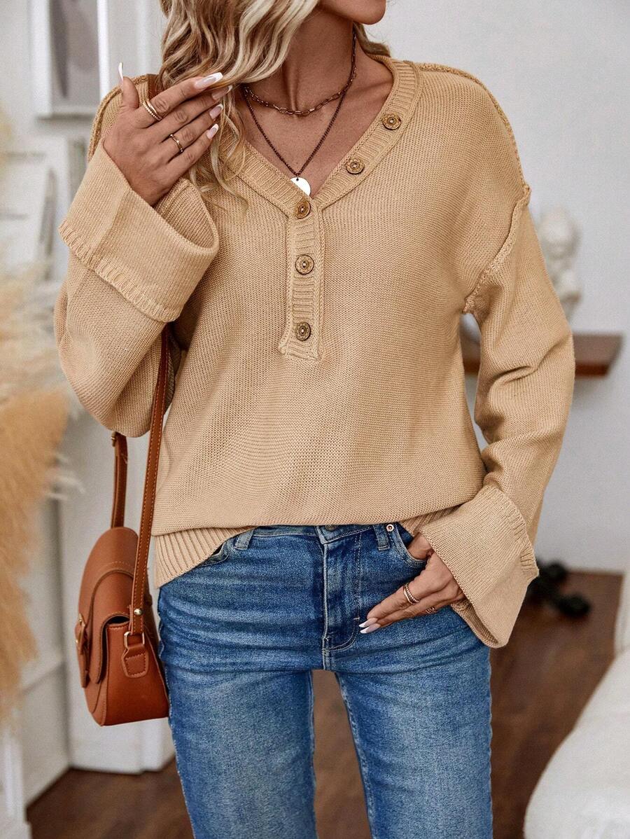 EMERY ROSE Half Button Drop Shoulder Sweater Knit Pullover Fall Winter Outfit - Khaki - View 1
